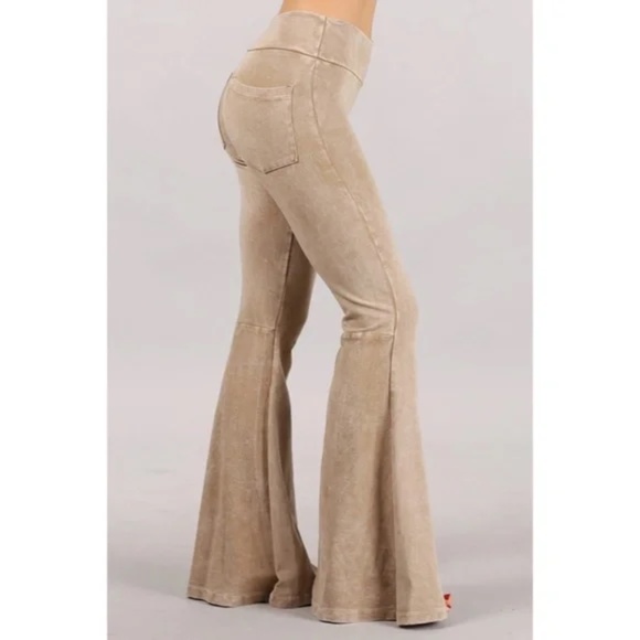 Beige Mineral Wash French Terry Flared Bell Bottom Pull On Pants w/ Pockets - Picture 1 of 5